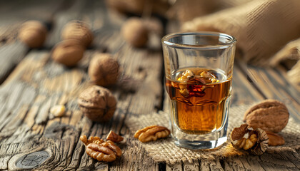 Fototapeta premium Liquor with nuts in a shot glass on the old wooden background