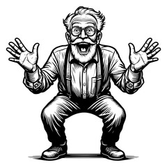 Fototapeta premium joyful elderly man with excited expression, raising his hands in a dynamic pose sketch engraving generative ai fictional character PNG illustration. Scratch board imitation. Black and white image.