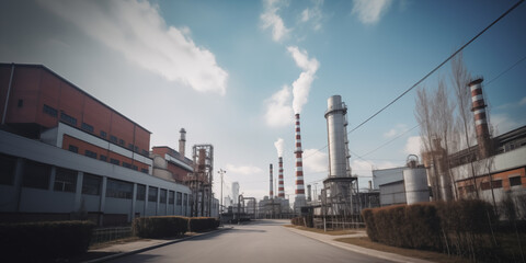 Fototapeta premium Wide view of an industrial factory exterior with prominent smokestacks emitting steam under a clear blue sky. 