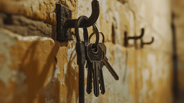 Prison keys hanging on wall hook