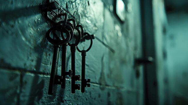 Prison keys hanging on wall hook