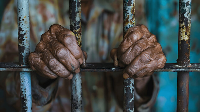 Prisoner's hands gripping cell bars, focused and intense