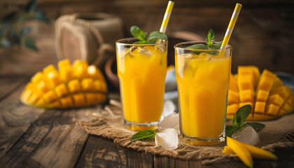 Freshly squeezed mango juice with ice and straws. Vintage wooden background
