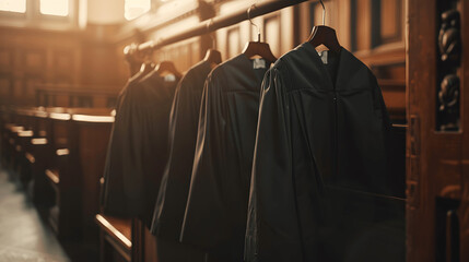 Judicial robes on wooden coat rack in courtroom