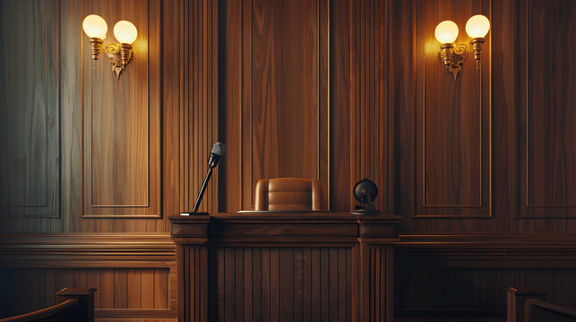 Judicial proceedings with empty witness stand and microphone