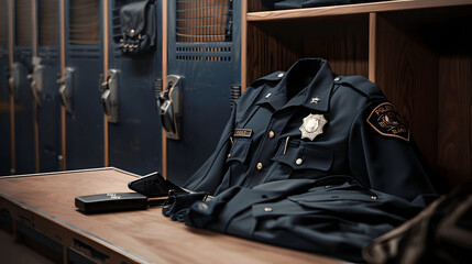 Police officer's uniform with badge and radio on locker room bench