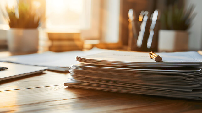 Stack of legal contracts on wooden desk with natural light