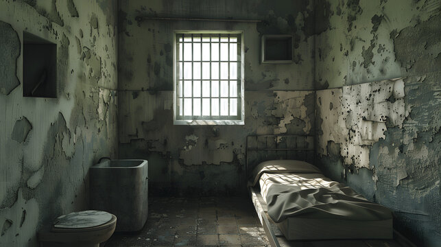Prison cell with bed, barred window, and metal toilet