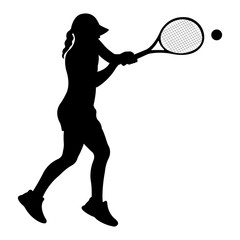 Silhouette of tennis player. Girl playing tennis. Children's tennis. Vector illustration.