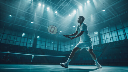 Obraz premium A Professional Badminton Player Reaches For The Shuttlecock In An Indoor Court