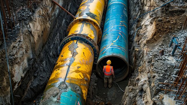 A man is in a pipe with electric blue metal look. Publication with unique font