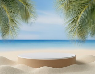 Strandpodium im Sommer Hintergrund mit Sand und 3D-Displayplattform. Strandpodium Sommer-Banner-Szene f&uuml;r Verkauf, Urlaub, Ferienb&uuml;hne, Wasser, Insel, Sonne, Podest f&uuml;r Promotion und Pr&auml;sentation