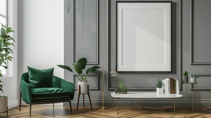 Stylish living room decor with poster frame, green chair, coffee table, and accessories.