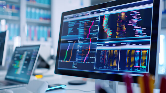 close-up of a computer screen displaying biotech data, such as DNA sequences, graphs, or molecular structures