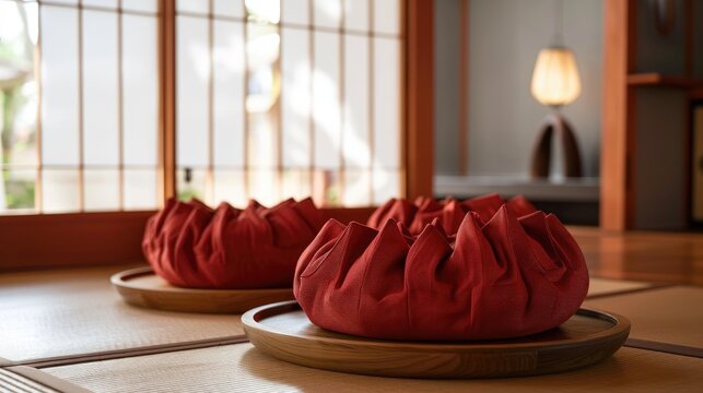 Traditional Japanese red Otedama bean bags displayed on wooden plate with Tatami flooring in background