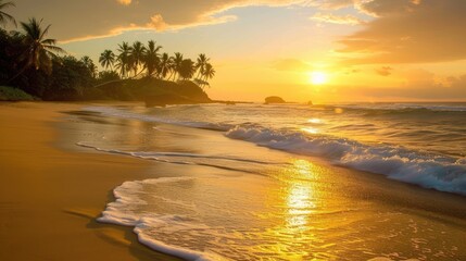 Naklejka premium Golden sunset on a beach with blue palm trees and gentle waves
