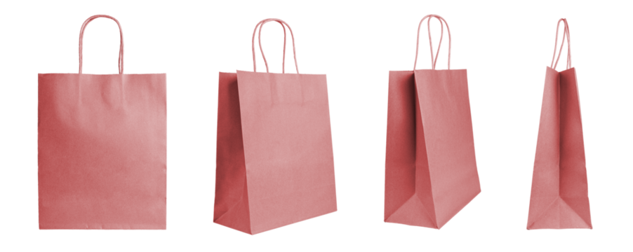 Set of different angles blank red craft paper bags isolated on white, transparent background. Eco friendly shopping bag made from recycled paper, recycling concept. Mockup, template, copy space - Powered by Adobe