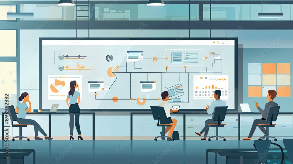 Wall mural infographic model with flowcharts and diagrams displayed on a large office screen