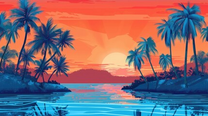 Idyllic evening on Palmeny Island with blue palm trees and an orange sky