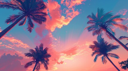 Orange and pink sunset sky with blue palm trees on a summer evening