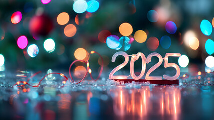 Bright and colorful lights surround the glowing 2025 numbers, marking a festive New Year celebration.