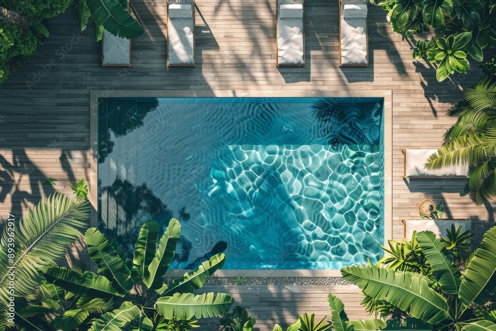 Poster this image showcases an aerial perspective of a tranquil swimming pool, bordered by verdant foliage 