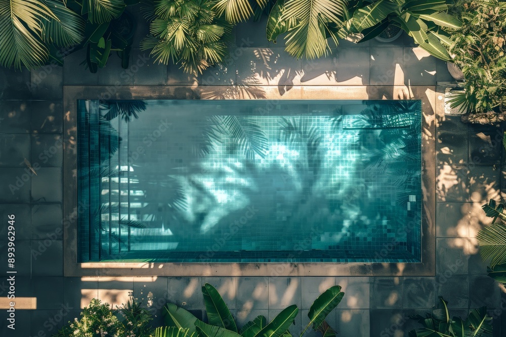 Poster An image capturing a luxurious swimming pool from a top view, surrounded by dense tropical foliage, creating a serene and inviting atmosphere with water reflections.