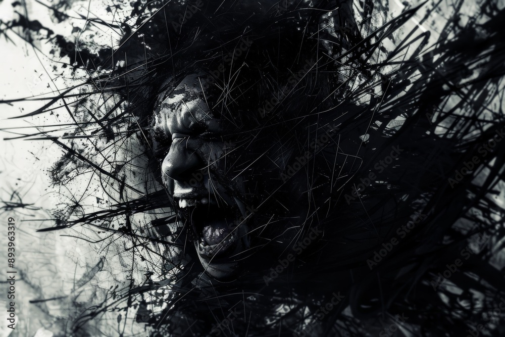 Poster this image depicts a chaotic and intense expression of inner turmoil, illustrated with dark, jagged 