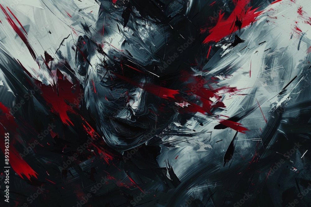 Poster This abstract portrait utilizes bold red and black brush strokes blending across a partially obscured face, conveying strong emotions and dynamic movement.