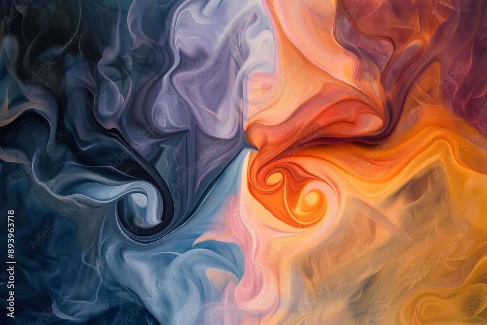 Fototapete A mesmerizing blend of cool blues and warm oranges intertwines in an abstract fluid form, creating a striking visual representation of contrasting elements merging harmoniously.