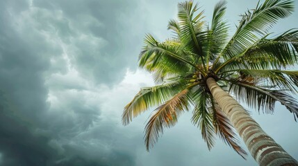 Coconut palm tree under overcast sky