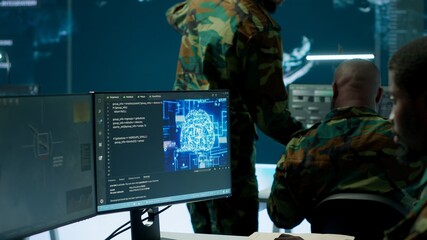IT software engineer collecting real time data from neural network AI brain, machine learning and...