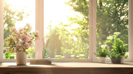 Decorative desk with summer window background