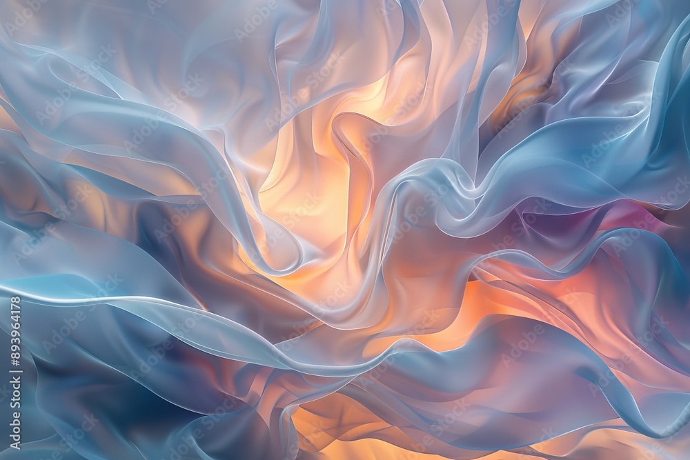Poster An abstract depiction of flowing silk-like fabric illuminated by soft light, creating a sense of movement and grace with delicate, translucent textures.
