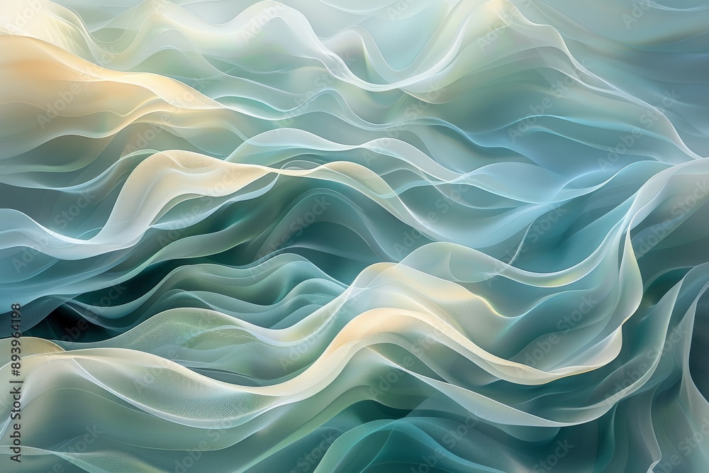 Poster A digital abstract art piece featuring flowing, wave-like forms in soft pastel colors, creating a serene and soothing visual with a gentle, calming atmosphere.