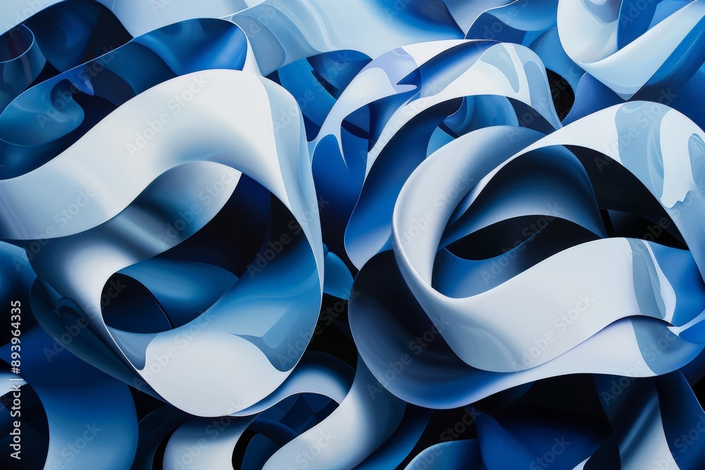Poster digitally created artwork featuring flowing blue and white ribbons intertwined in an abstract compos