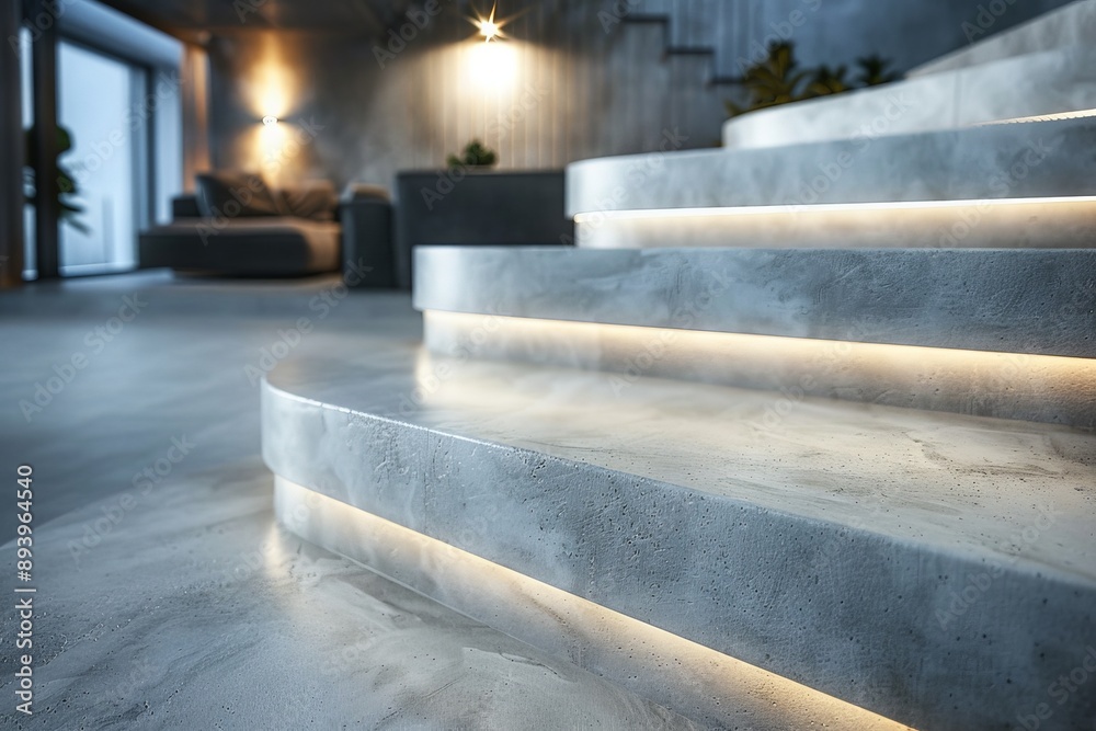 Poster An elegant set of concrete stairs illuminated with hidden LED lights, creating a warm and inviting ambiance in a modern interior space, blending style and function.