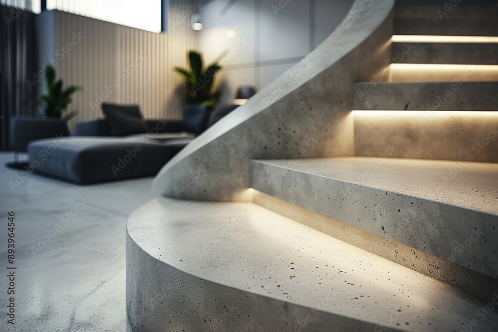 Poster Spiral concrete stairs feature integrated LED lighting, combining a contemporary minimalist design with warm accent lighting, adding a touch of elegance to the interior space.