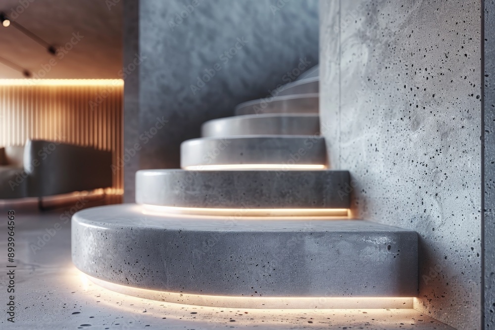 Poster A beautifully designed staircase of concrete with built-in LED strip lights creates an architectural focal point in this modern home, blending function and high-end style.