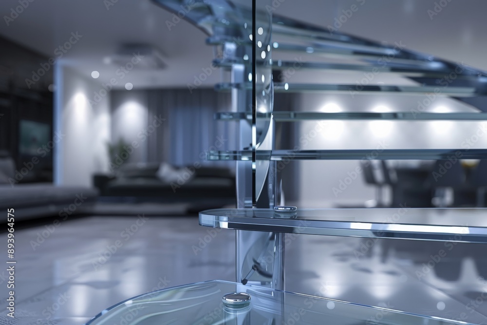 Poster A futuristic glass staircase in a sleek modern living space showcases cutting-edge design and innovation, featuring transparency and elegance in contemporary architecture.