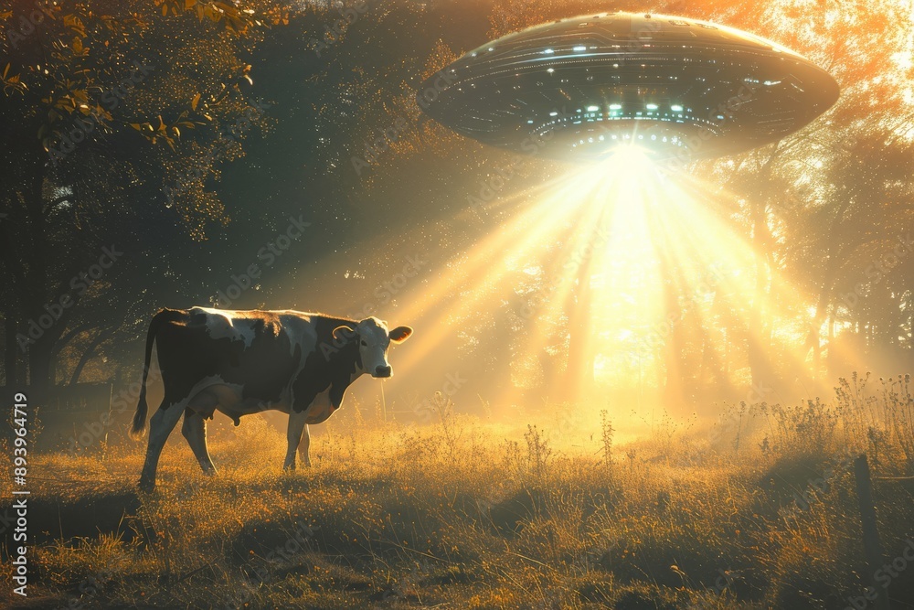 Poster A cow stands in a misty forest while a UFO hovers above, shining a bright light beam down on the ground, creating a surreal and otherworldly atmosphere.
