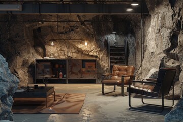This underground room features an industrial aesthetic with rustic furnishings, warm lighting, and a unique ambiance, creating a comfortable and stylish living space.