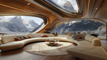 Fototapeta premium A modern living room with a large curved sofa and panoramic windows showcasing a snowcapped mountain landscape