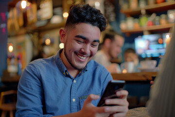Obraz premium A man in a blue shirt smiling while looking at his smartphone in a lively cafe, representing modern masculinity and digital engagement.