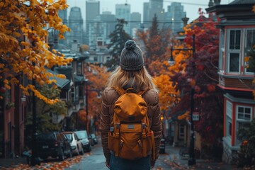 Woman Exploring Vibrant Neighborhood During Autumn in City