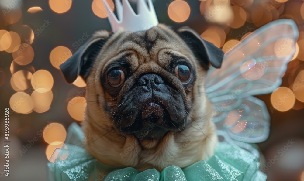 Poster A small dog wearing a fairy costume with lights behind it. AI.