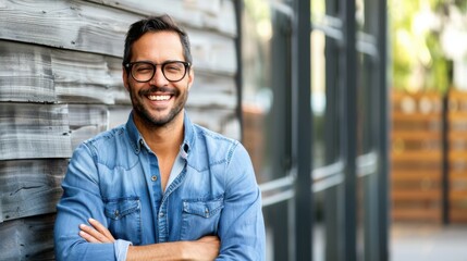Obraz premium A man with glasses and a beard is smiling. AI.