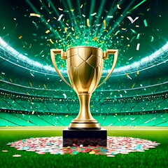 Champion's cup on a pedestal against the backdrop of a football field with the light of spotlights and confetti in digital style