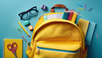 PLANO DE FUNDO MOCHILA DE ESTUDANTE COM MATERIAIS ESCOLARES VISANDO UMA APRESENTAÇÃO EDUCACIONAL