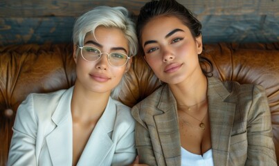 Fototapeta premium Two young women in stylish business suits pose for a photo. AI.